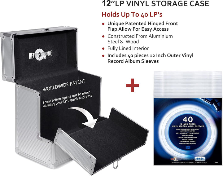 Retro Musique 12"-Aluminium-Schallplattenkoffer mit einzigartiger, aufklappbarer Frontklappe für bes