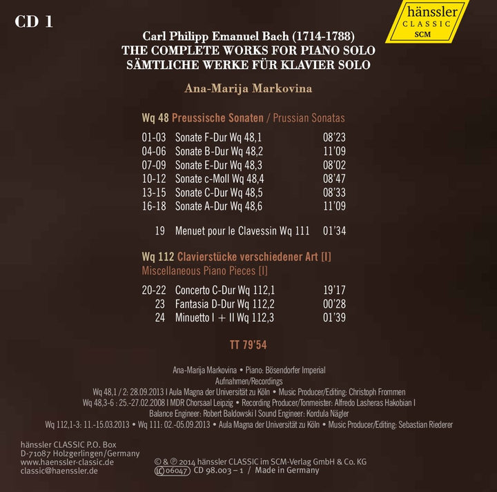 Carl Philipp Emanuel Bach, CPE Bach: Sämtliche Werke für Klavier Solo, Complete Works for Solo Piano