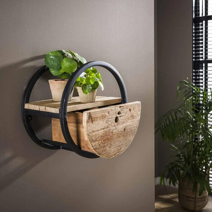 RINGO-Living Rundes Regal Metall & Massivholz mit Schublade, Hängende Kommode aus Hartholz & Metallu
