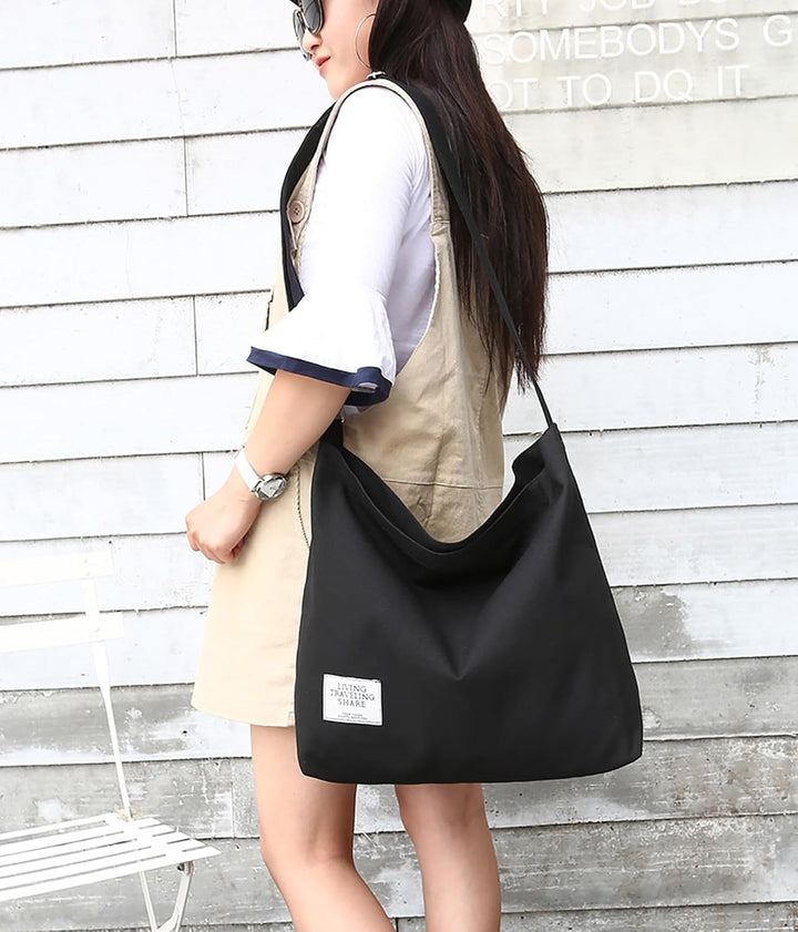 Covelin Damen Retro Grosse Grösse Canvas Schultertasche Hobo Crossbody Handtasche Casual Tote Schwar
