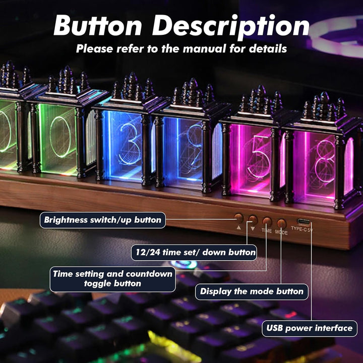 Nixie Tube Clock, RGB LED Röhrenuhr, LED Nixie Uhr, 12/24-Stunden-Anzeige, einstellbare Helligkeit u