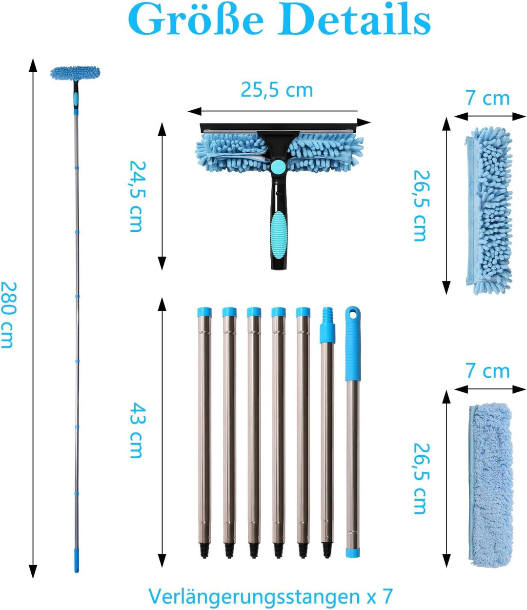 Terafeels 280cm Teleskop Fensterwischer Abzieher Set, 2 in 1 Teleskopstange Fensterreinigung ür Inne