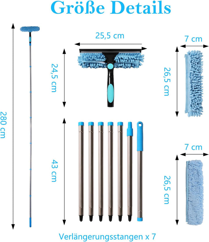 Terafeels 280cm Teleskop Fensterwischer Abzieher Set, 2 in 1 Teleskopstange Fensterreinigung ür Inne