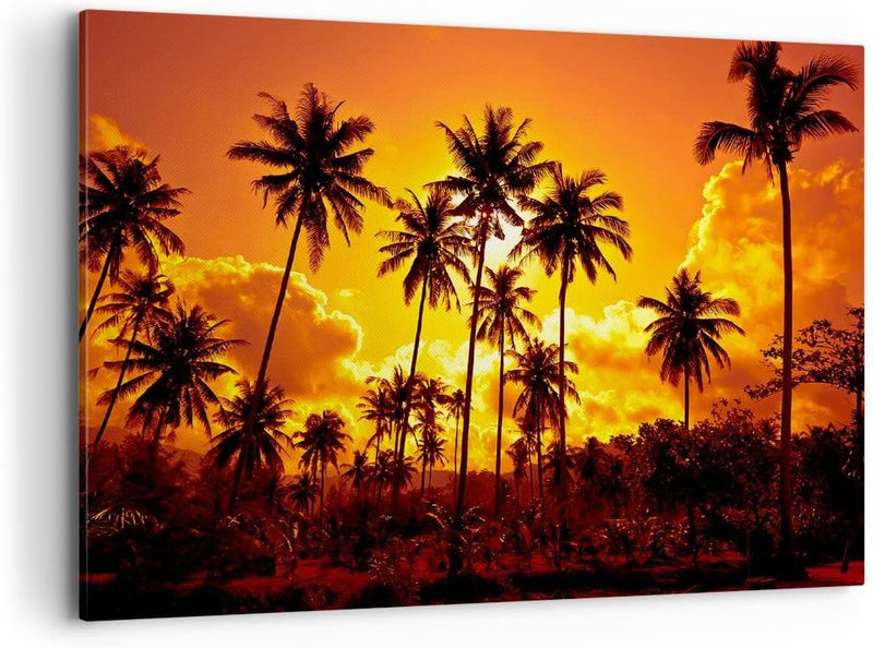 Bilder auf Leinwand 100x70cm Leinwandbild mit Rahmen Palmen Bäume Sonne Gross Wanddeko Bild Schlafzi