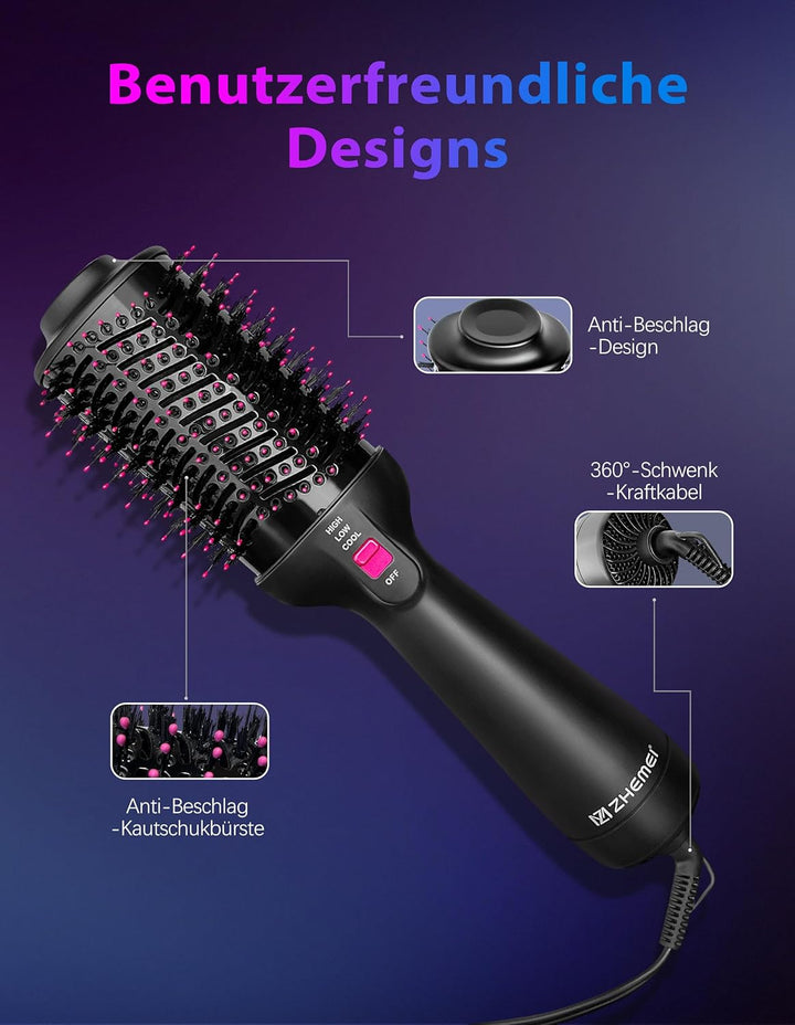 1300W Warmluftbürste, 4-in-1 Föhnbürste mit Antifrizz-Effekt, Keramik-Titan-Zylinder – Salon-Heisslu