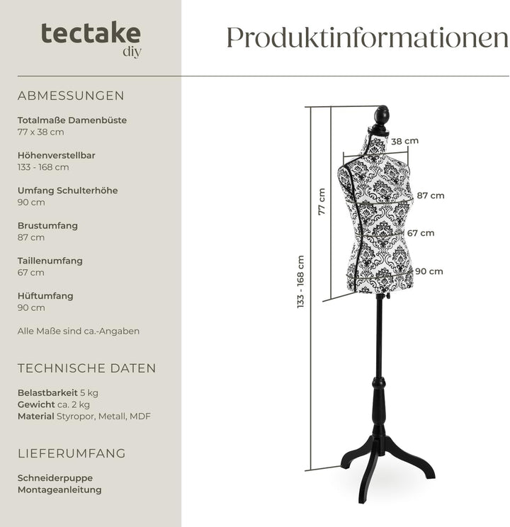 tectake® Schneiderpuppe verstellbar, Schaufensterpuppe weiblich, Damenbüste Mannequin, Büste, Kleide