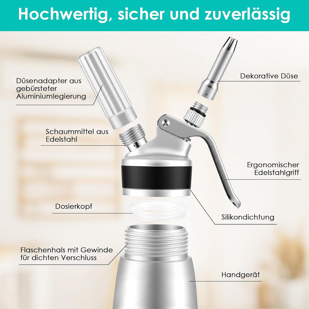 500ml Sahnespender, Sahnesyphon Aluminium, mit 3 Edelstahl Deko-Düsen (Lotus, Stern, Kreuz) & Reinig