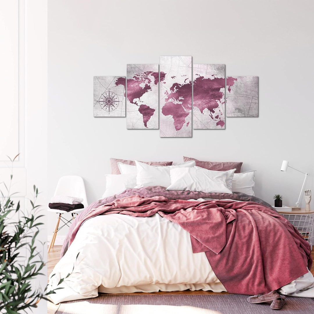 Runa Art - Bilder Weltkarte 200 x 100 cm 5 Teilig XXL Wanddekoration Design Pink 026051b 200 x 100 c