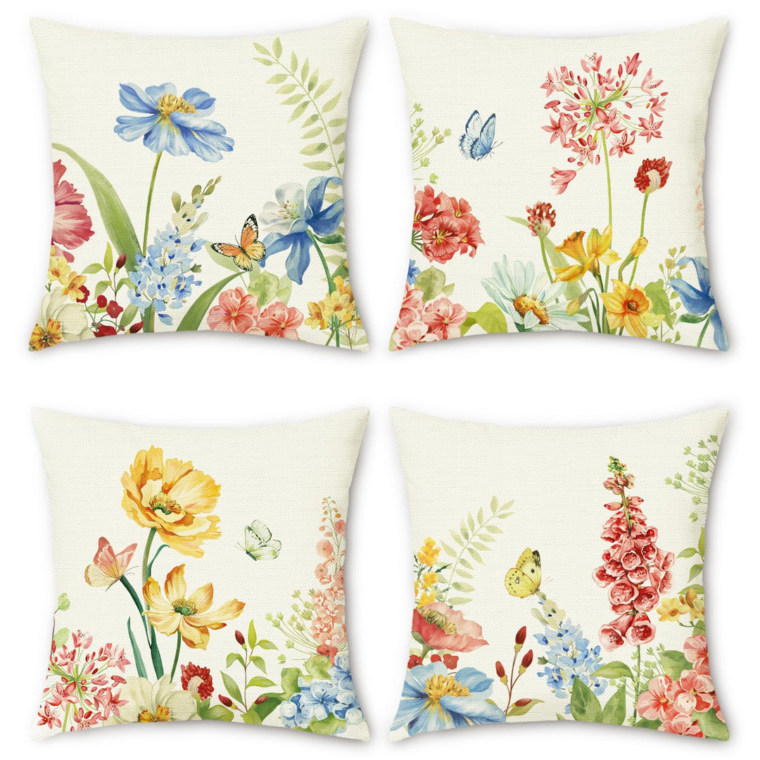 Bonhause 4er Set Kissenbezüge Blumen 45 x 45 cm Blume Garten Polyester Leinen Dekorative Kissenhülle