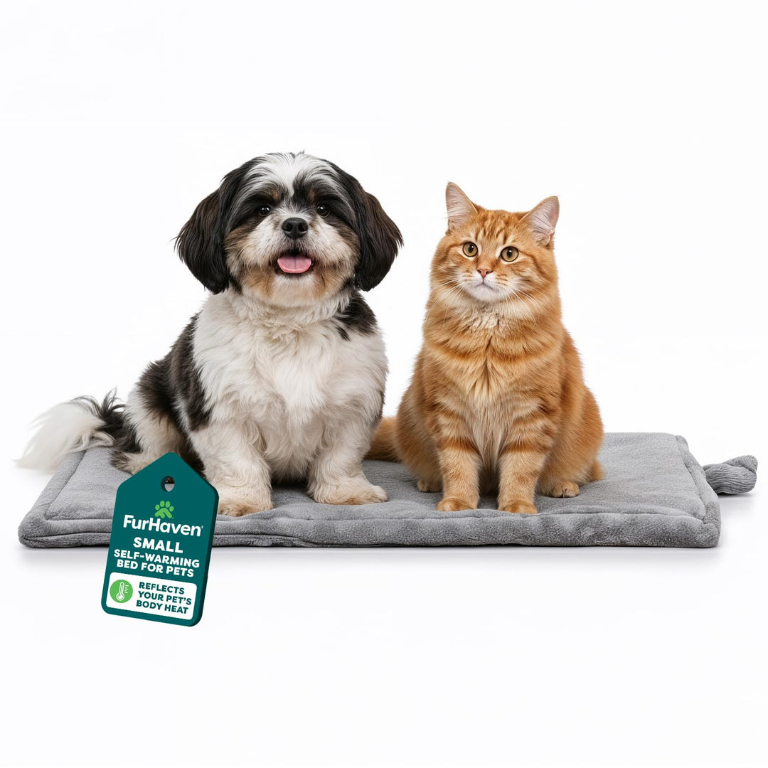Furhaven Small Cat Bed ThermaNAP Quilted Faux Fur Self-Warming Pad, Washable - Gray, Small Gray L 43