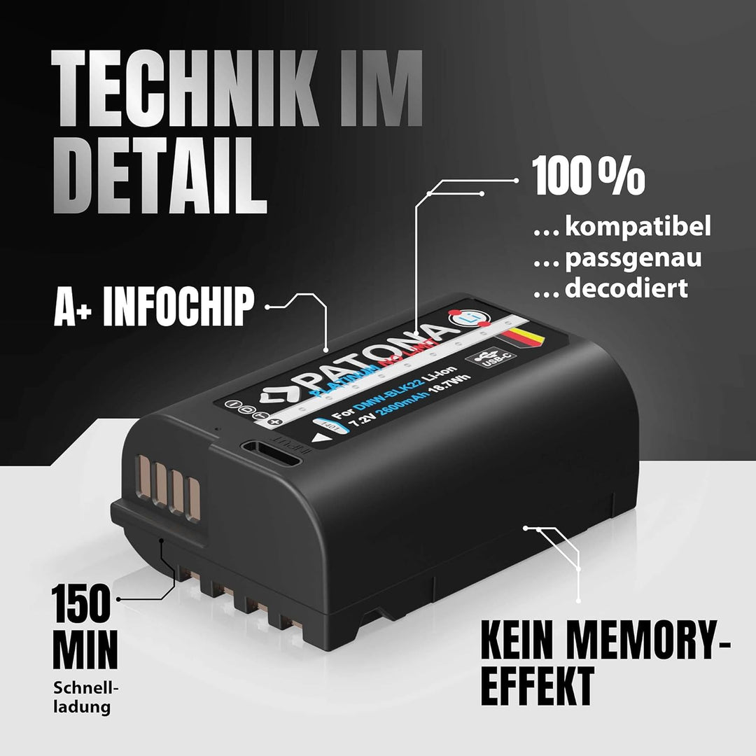 PATONA Platinum DMW BLK22 E USB Akku (2600mAh) mit direktem USB-C Eingang (1401) Lumix DC-S5 DC-S5D