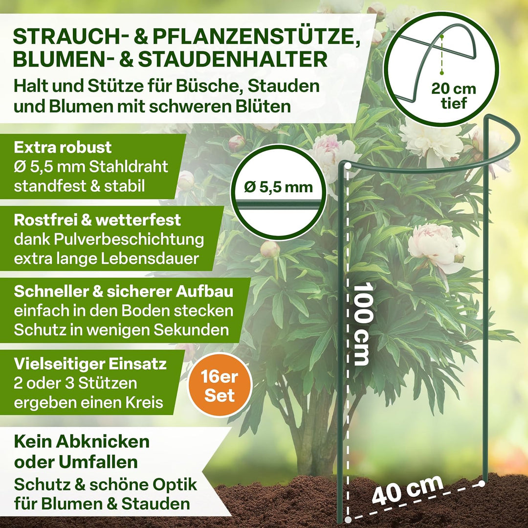 TTL GARDEN Strauchstützen 100cm x 40cm 16er Set + Klettband - Pflanzenstütze Stahl rostfrei Kunststo
