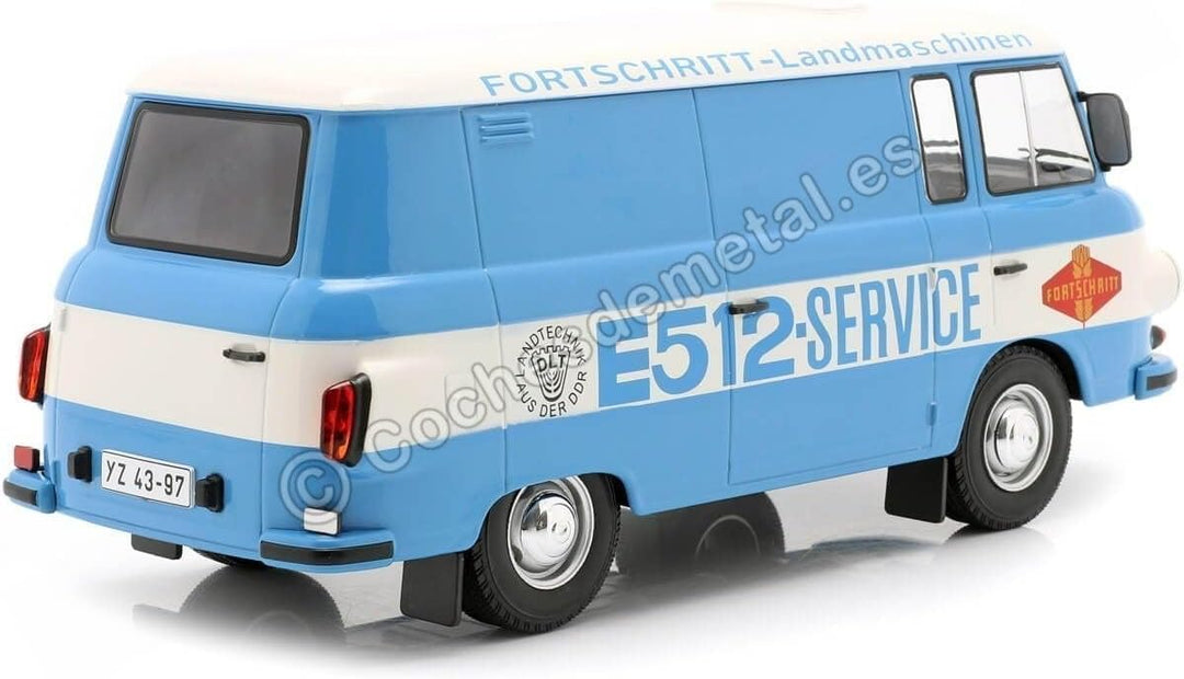 McG Barkas B 1000 Kastenwagen Fortschritt Service 1970 blau weiss Modellauto 1:18
