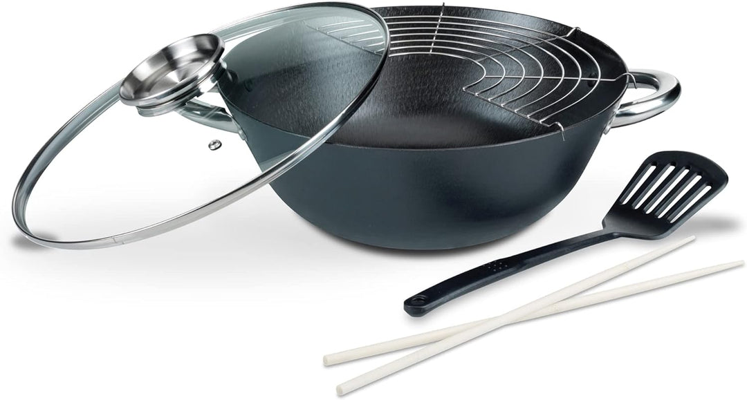 GSW 860956 GUSSEISEN PROFESSIONELL Multifunktionstopf/Wok-Set mit Glasdeckel 32cm / 5-teilig/ca. 6,2