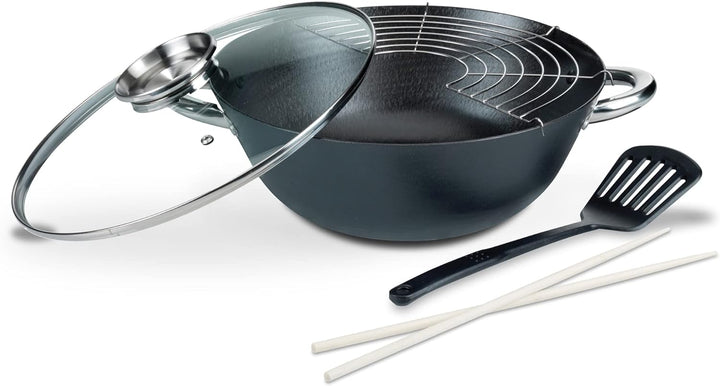 GSW 860956 GUSSEISEN PROFESSIONELL Multifunktionstopf/Wok-Set mit Glasdeckel 32cm / 5-teilig/ca. 6,2