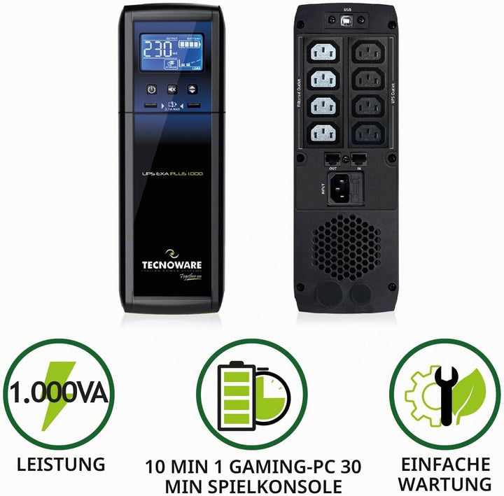 Tecnoware Power Systems - UPS EXA PLUS 1000 , Unterbrechungsfreie Stromversorgung für Gaming-PCs und