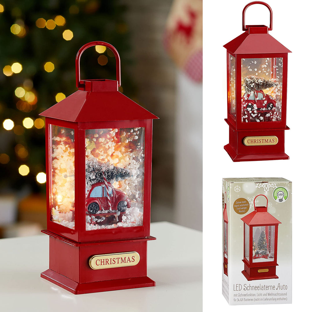 LED Schneelaterne Auto | 17x40cm 18 LEDs warmweiss | Schneefunktion Weihnachtsmusik | Weihnachtsbele