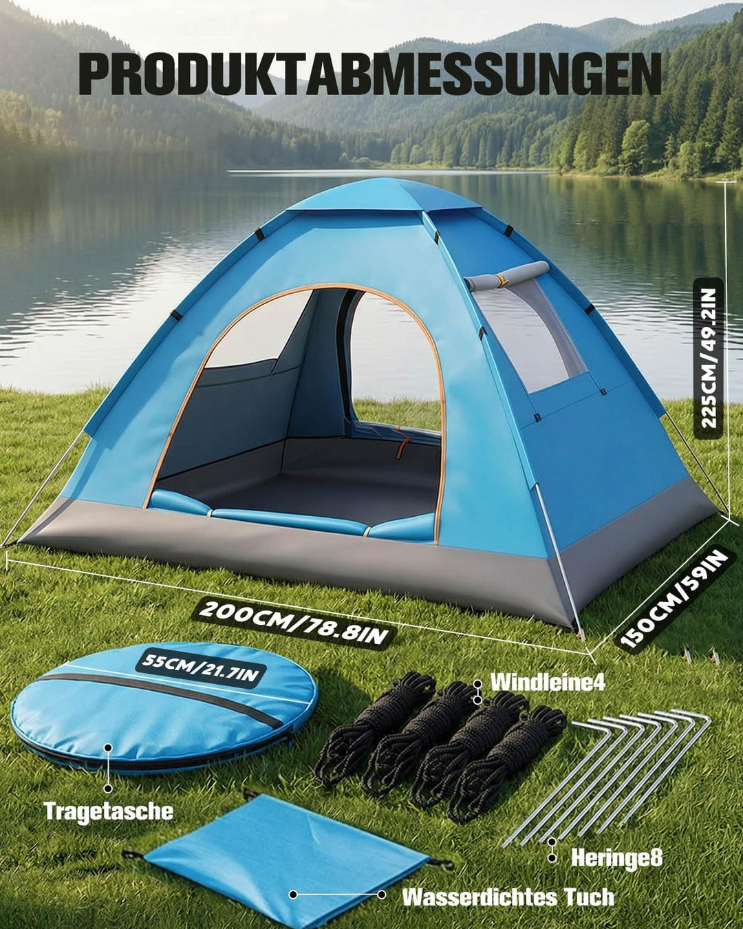 Wurfzelt 3-4 Personen Wasserdicht, Ultraleicht Winddicht Camping Zelt, Automatisches Pop Up Camping