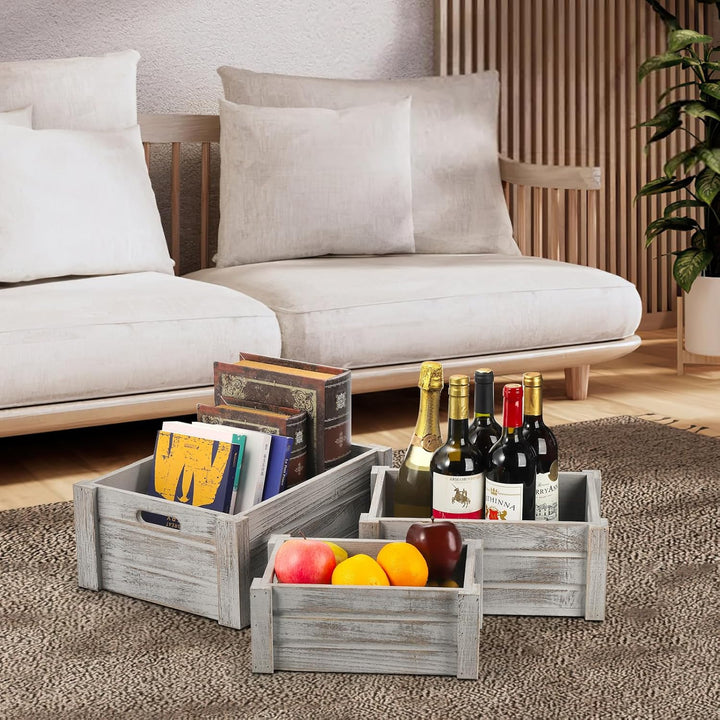 Hacaroa 3 Stück Holzkisten mit Griffen, rustikale Nistaufbewahrungsbox, dekorative Holzkörbe für Obs