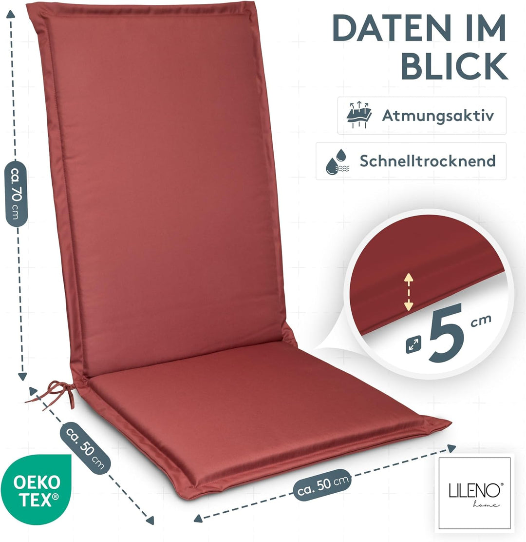 LILENO HOME Gartenstuhl Auflagen [1er Set - Hochlehner] in Rot - Bequeme Liegen als Sitzauflagen für