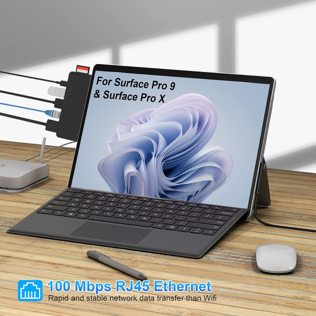 Surface Pro 9 Docking Station, Surface Pro 9 Hub Adapter mit 100 Mbps LAN, 4K HDMI, 100W USB-C (Disp