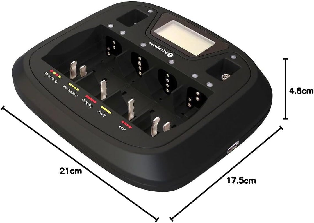 everActive Ladegerät für 8 Akkus AAA AA C D 9V, universal und schnell, vollautomatisch, LCD mit proz