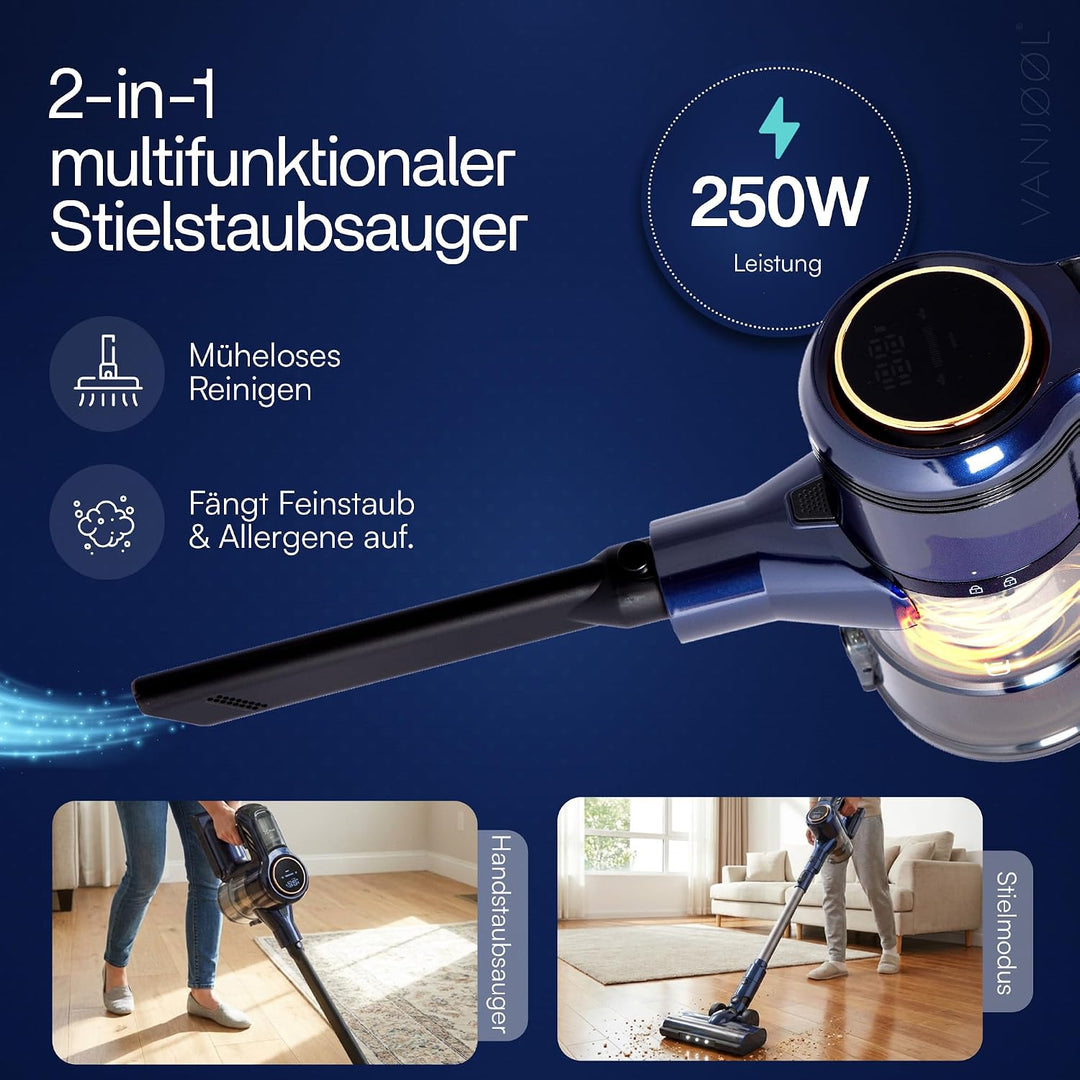 VANJOOL® Akku Staubsauger Kabellos 250W – 9 kPa Stielstaubsauger & Handstaubsauger – Beutelloser Sta