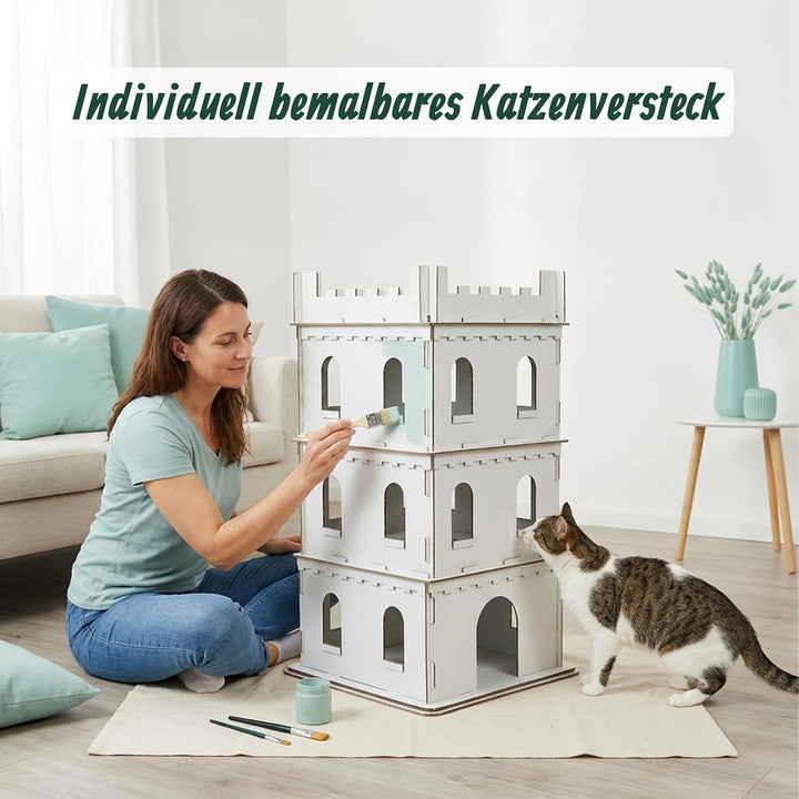 Relaxdays Katzenburg, 3 Etagen, Katzenschloss, Papphaus zum Bemalen, Stecksystem, HBT: 107,5x62x62 c