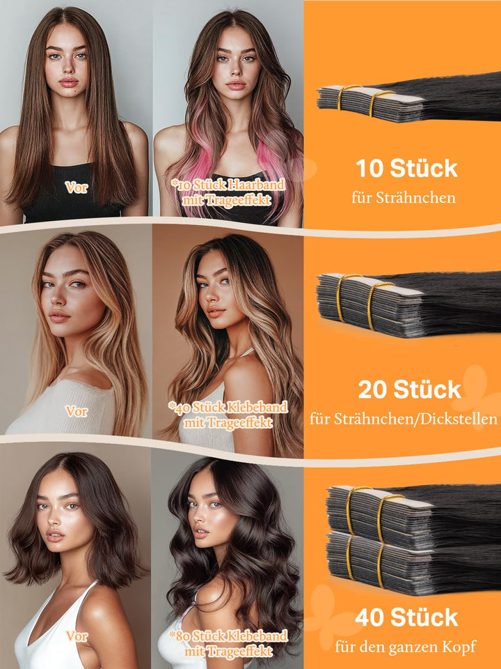 DOORES Tape Extensions Echthaar Natürliches Echthaar Tape in Menschliches Haar, Natürliches Schwarz
