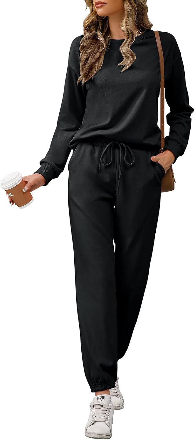 REORIA Damen Tracksuit Langarm Rundhalsausschnitt Einfarbig Zweiteiler Outfit Hoodie Jogger Training