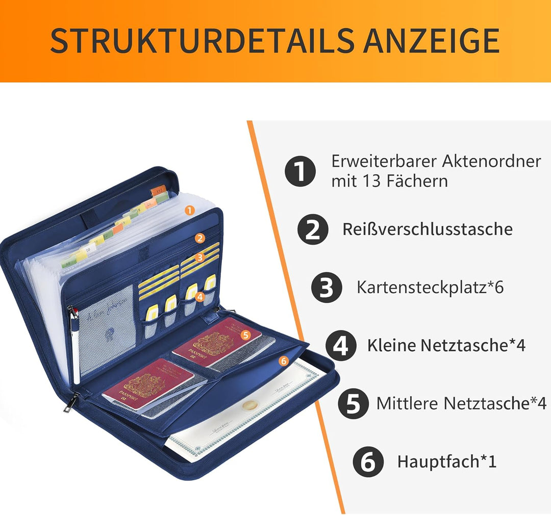 JUNDUN Fächermappe - Dokumentenmappe a4 mit mehreren Fächern - Feuerfest Dokumententasche mit Reissv