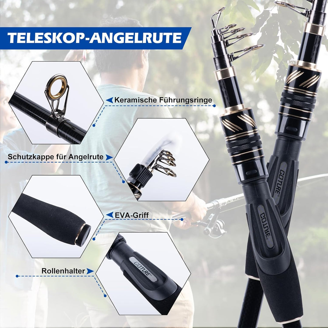 Goture Angelset Komplett, Teleskop-Brandungsrute aus Kohlefaser & Spinnrolle mit 9+1 gekapselten Kug