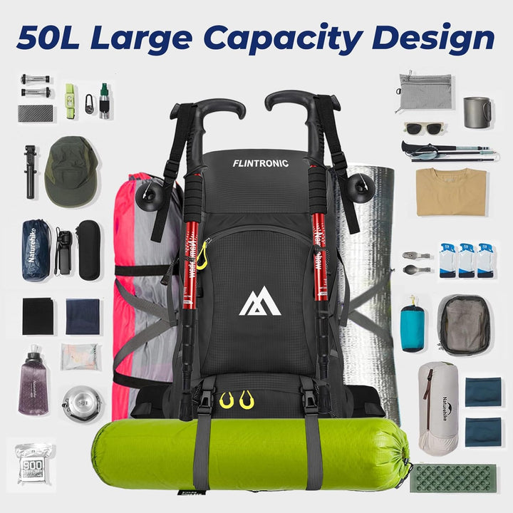 flintronic Wanderrucksack Herren Damen 50L, Outdoor Rucksack Trekkingrucksack, Leichter Wasserdichte