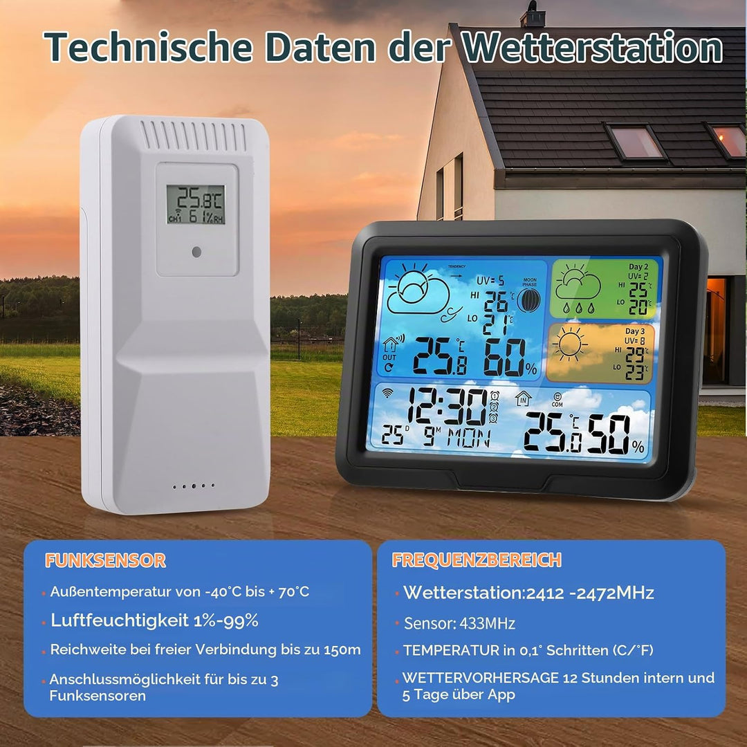 Wetterstation Wlan,Mit Aussensensor &amp; Wettervorhersage,Mit App Tuya Und Smartlife,Batteriebetrieb Un