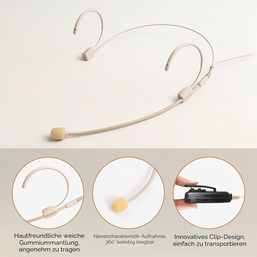 XIAOKOA Kabelloses Headset Mikrofon, UHF Hautton Drahtloses Mikrofon Lautsprechersystem, Beigefarben