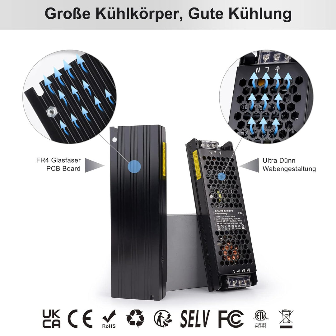 REYLAX LED Trafo 12V 300W, Trafo 230V auf 12V DC 25A, Kompakter Extra Dünn 12 Volt Netzteil LED Trei