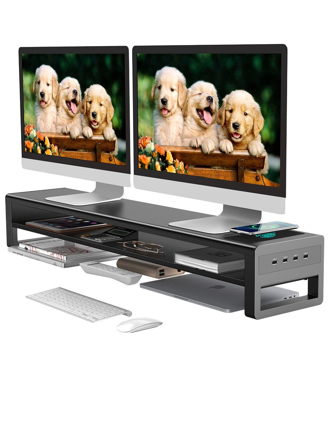 (2-stufiger) STARSIKI Monitorständer mit Dual-Monitor-Unterstützung, kabellosem Laden und 4 USB Ansc
