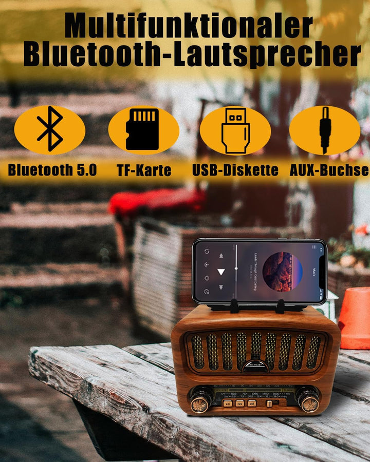 Retro Radio mit Bluetooth, AM/FM/SW Tragbares Radio Klein 5W grosser Lautsprecher und Bluetooth 5.0,