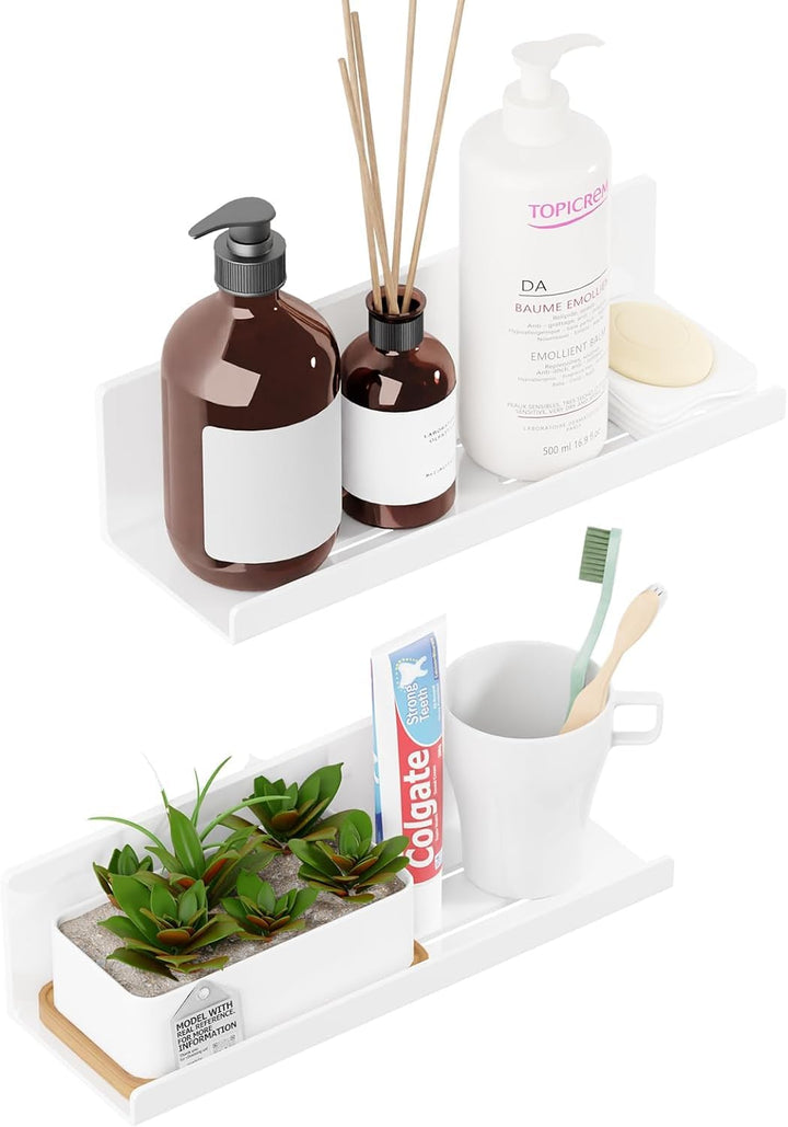 Badregal Ohne Bohren, Wandregal Bad mit Ablaufloch, Regal Wand Weiss, Schweberegal aus ABS, Klebereg