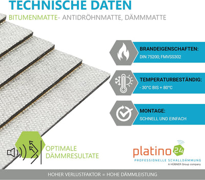 platino24 20x Bitumenmatten 500x200x2,0mm, Antidröhnmatten selbstklebend im Alu-Look, Dämmmatten Aut