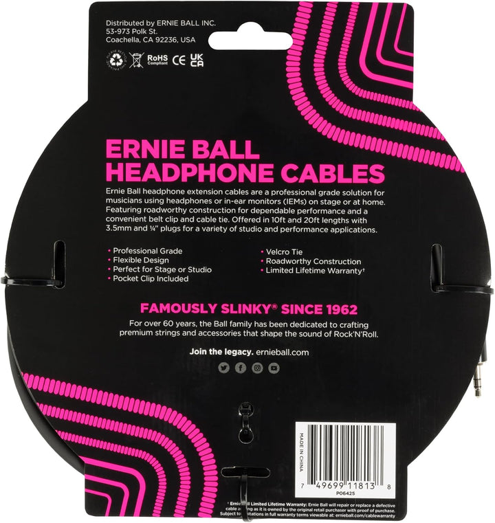 Ernie Ball Kopfhörer-Verlängerungskabel, 3,5 mm auf 3,5 mm, 6,1 m - Schwarz 6.1 m 3.5mm / 3.5mm, 6.1