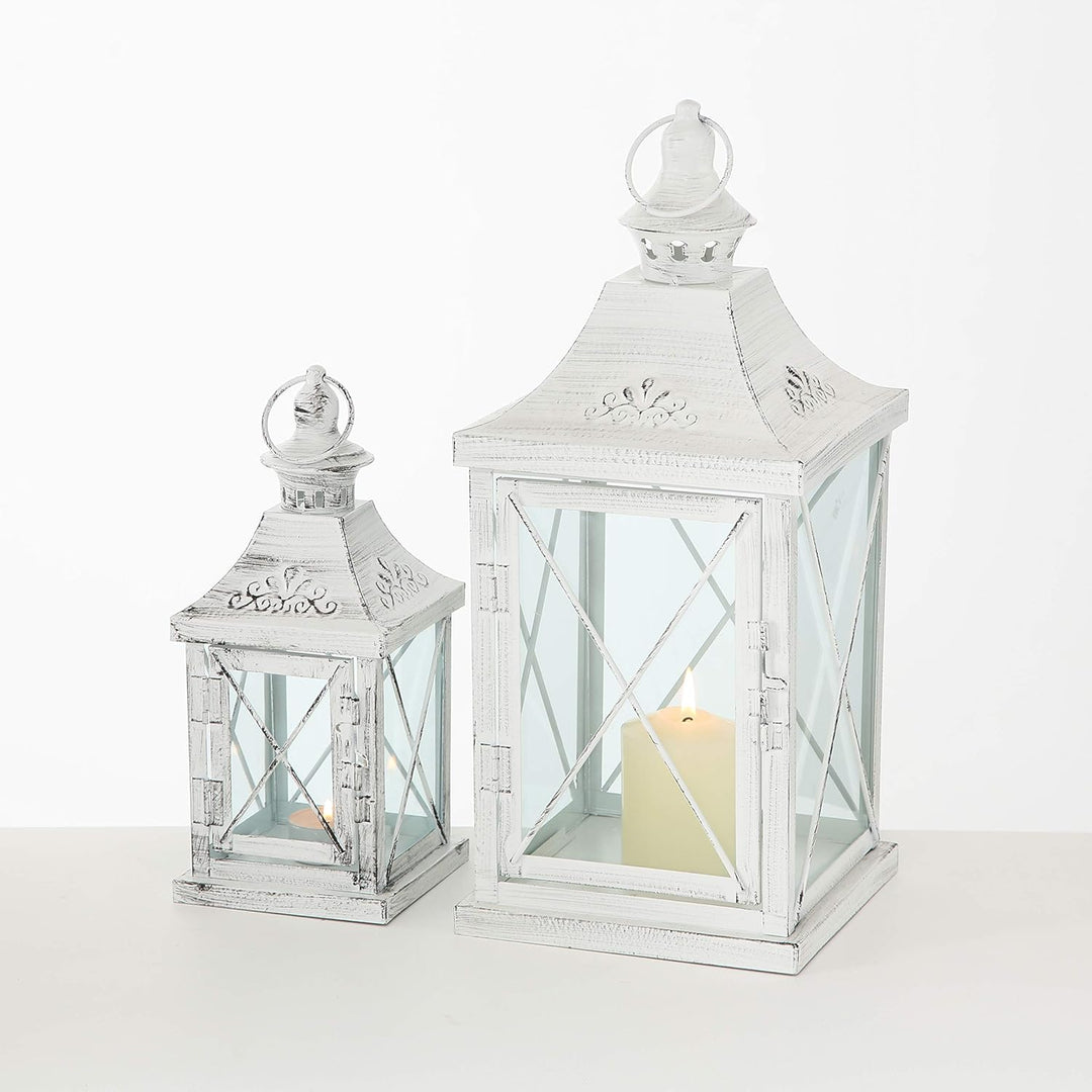 2er Set Innen Aussen Laternen Balkon Windlichter Metall weiss Shabby Chic Glas Tür Wohnzimmer Dekora