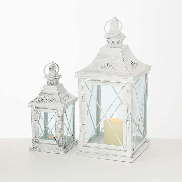 2er Set Innen Aussen Laternen Balkon Windlichter Metall weiss Shabby Chic Glas Tür Wohnzimmer Dekora