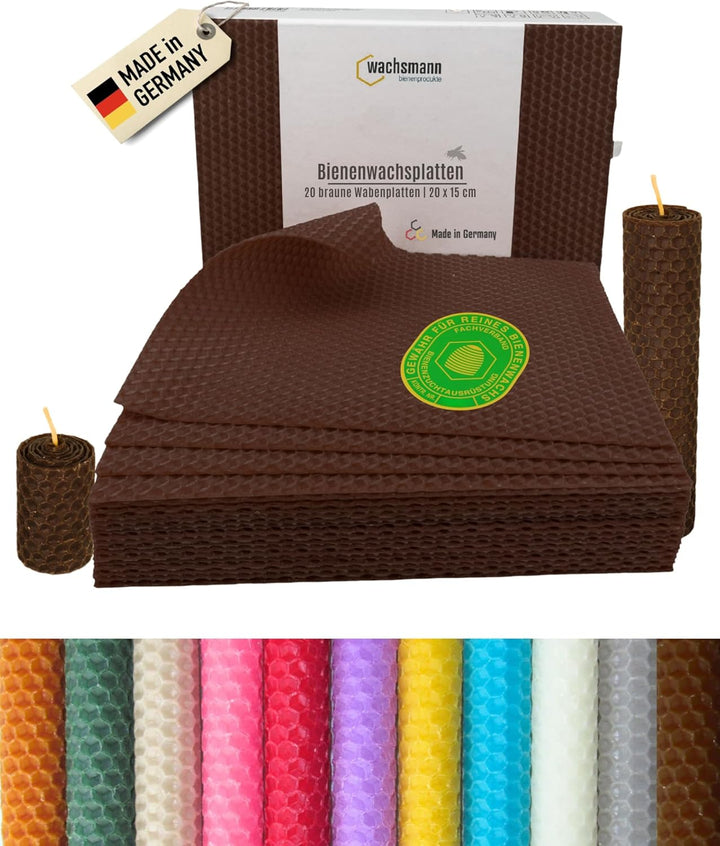 Wachsmann 20 Bienenwachsplatten aus Deutschland, braun, Wachsplatten 20 x 15 cm, Bienenwachs Kerzen