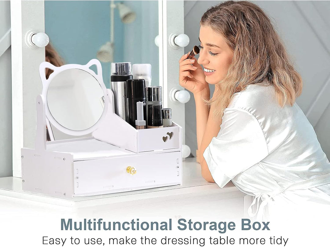 Cosmetic Organizer, Schminktisch Organizer mit Spiegel, White Desktop Kosmetik Organizer, Weiss Make