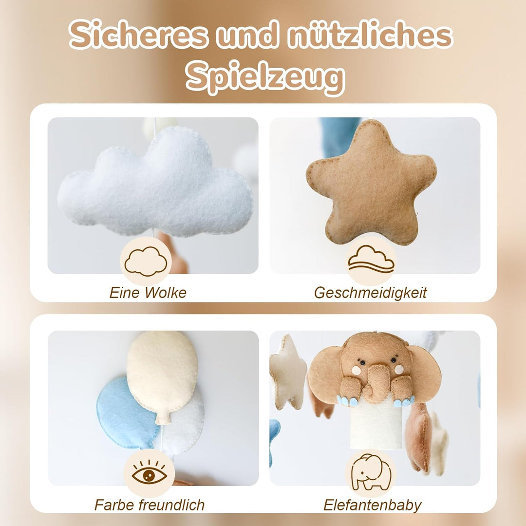 Elefant Mobile Baby Windspiele mit Filzbällen, Elefant, Heissluftballon, Sterne, Wolken Mobile Baby