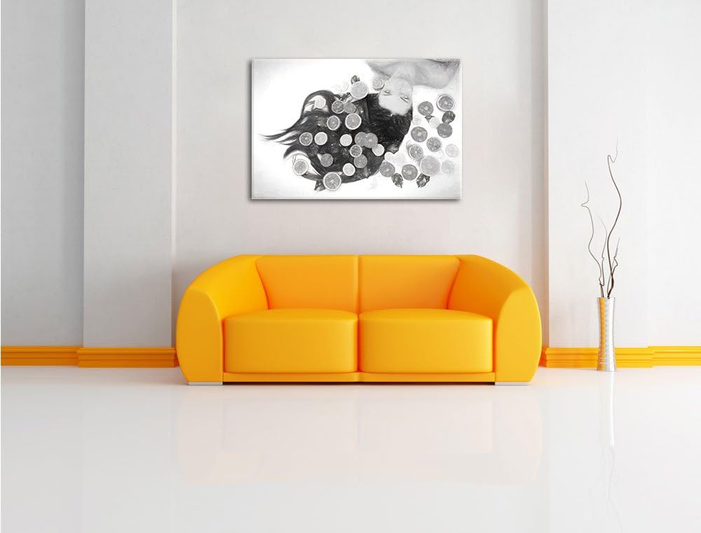 Pixxprint Hübsche Frau mit Obstscheiben Kohle Zeichnung Effekt, Format: 100x70 auf Leinwand, XXL rie