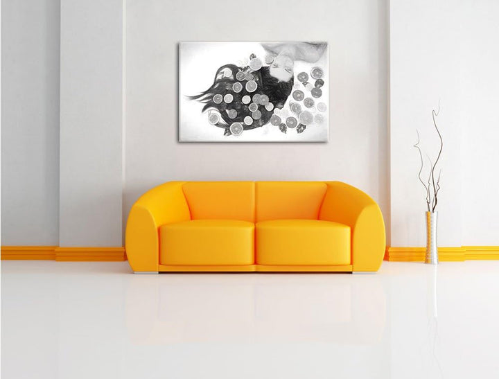 Pixxprint Hübsche Frau mit Obstscheiben Kohle Zeichnung Effekt, Format: 100x70 auf Leinwand, XXL rie