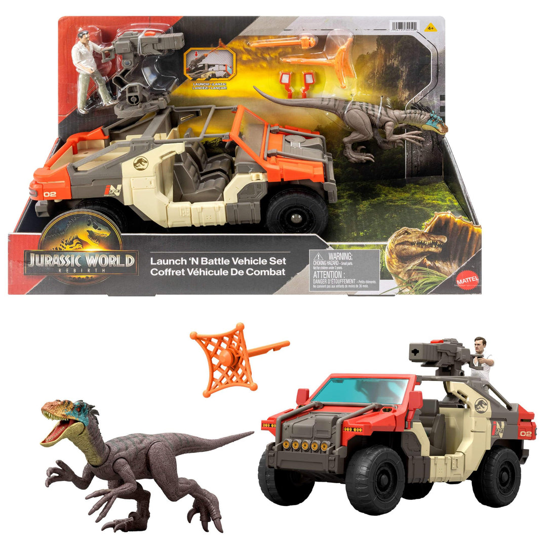 Mattel Jurassic World: Die Wiedergeburt Fahrzeug mit 1 menschlichen Figur und 1 Dinosaurier-Figur, L