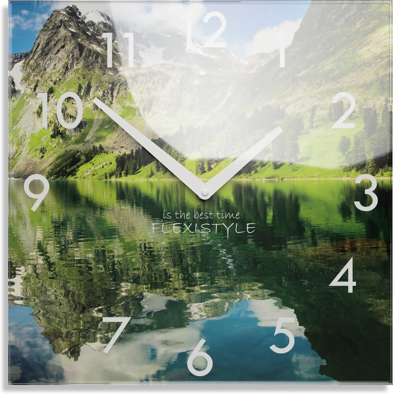 FLEXISTYLE Wanduhr küche Wohnzimmer 30 x 30 cm, aus Glas, mit Direktdruck eckig modern (Berge), BERG